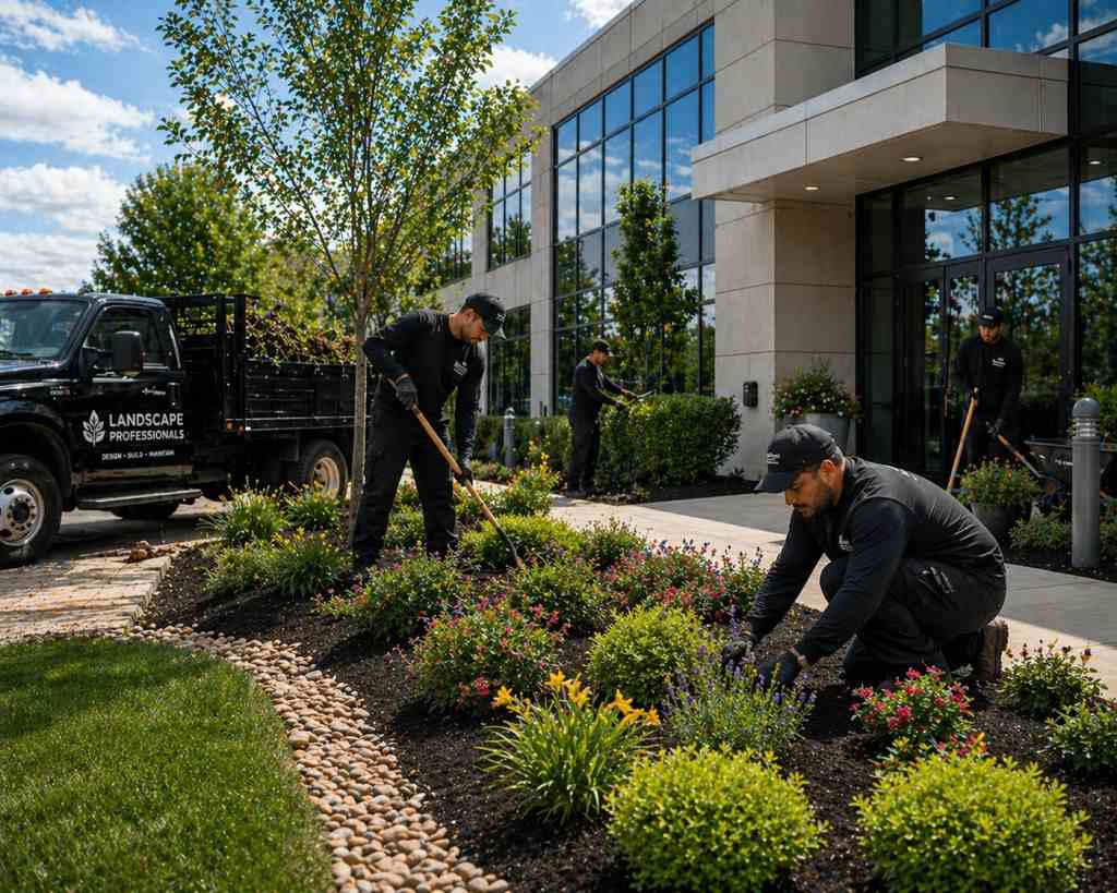 Landscapers working in garden