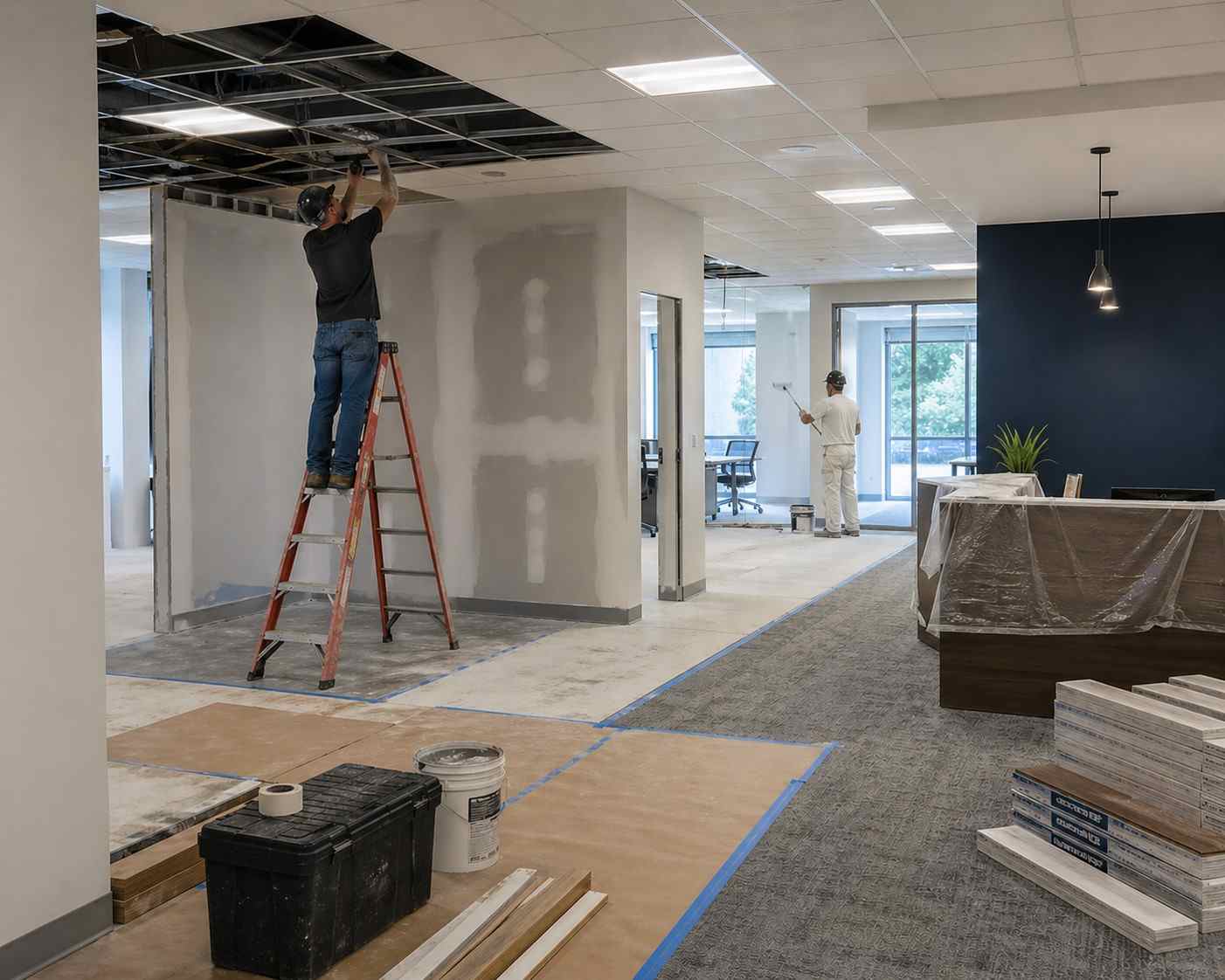 Men working in office renovation