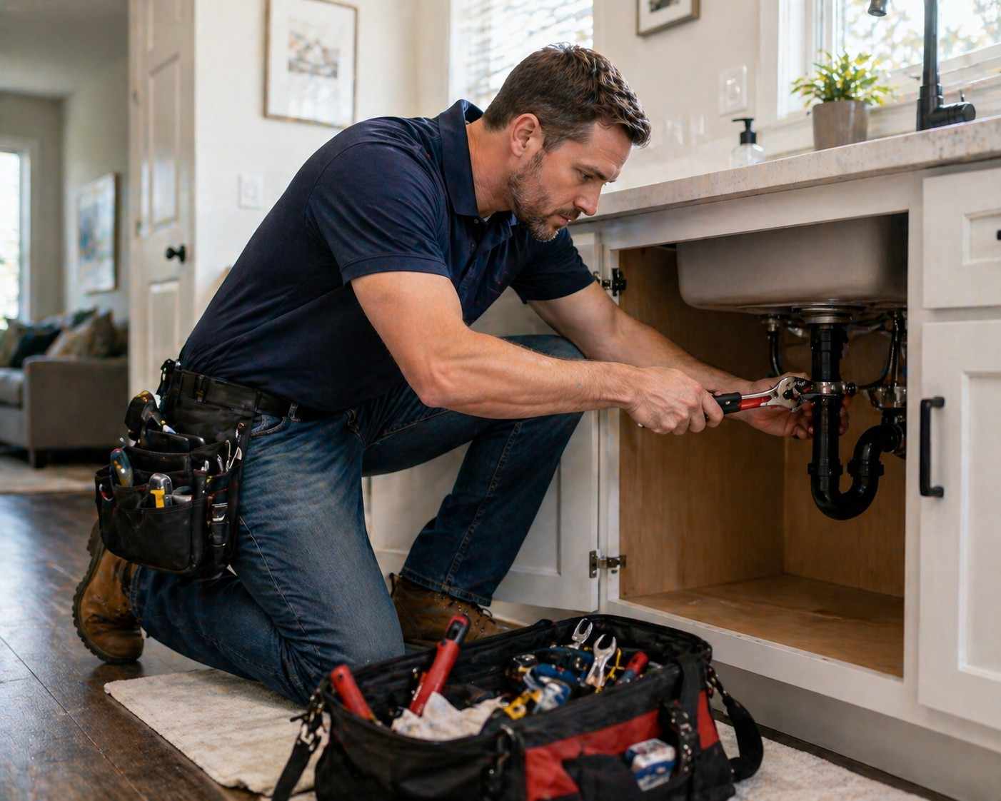 Plumber fixing kitchen sink