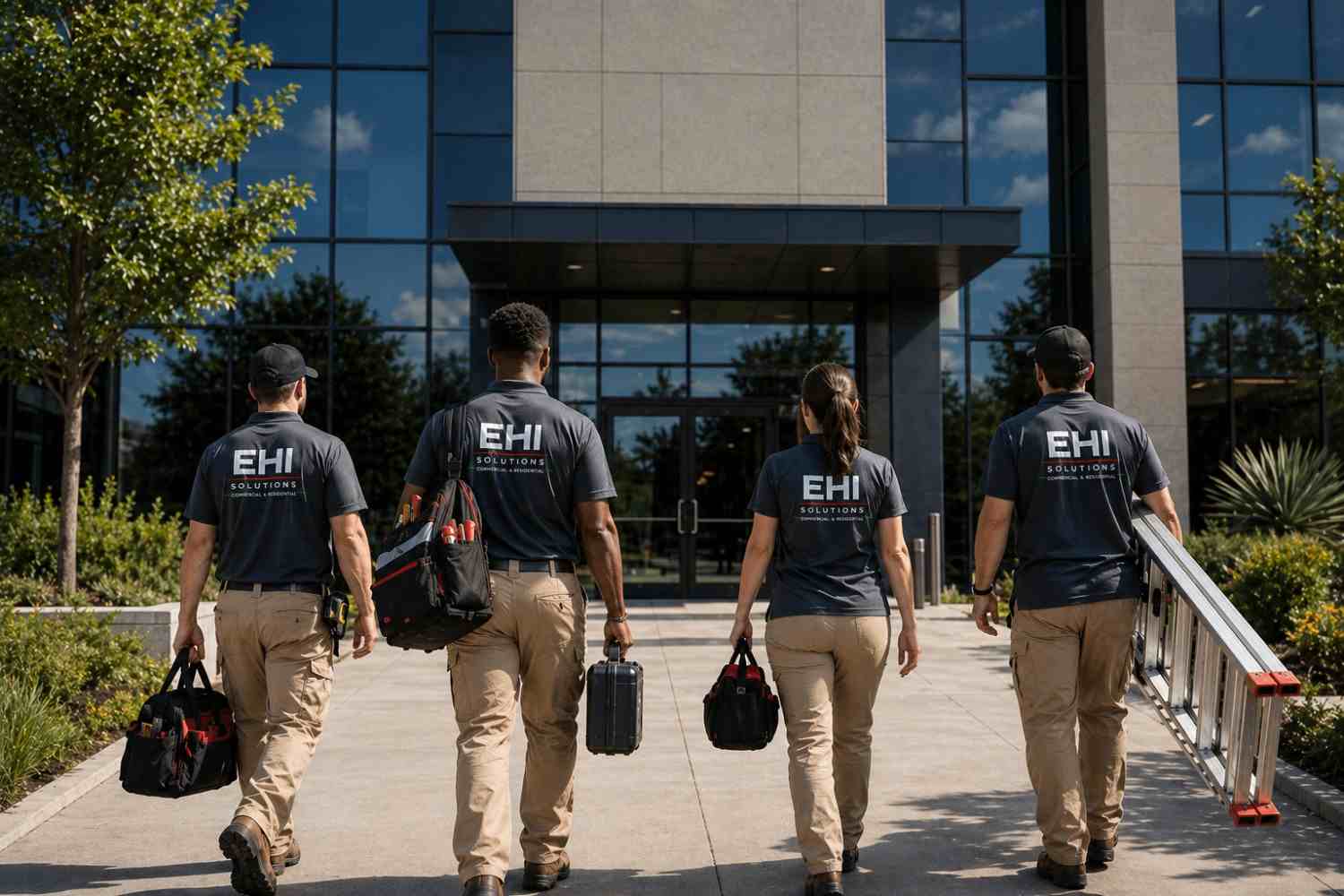Workers approaching a building entrance