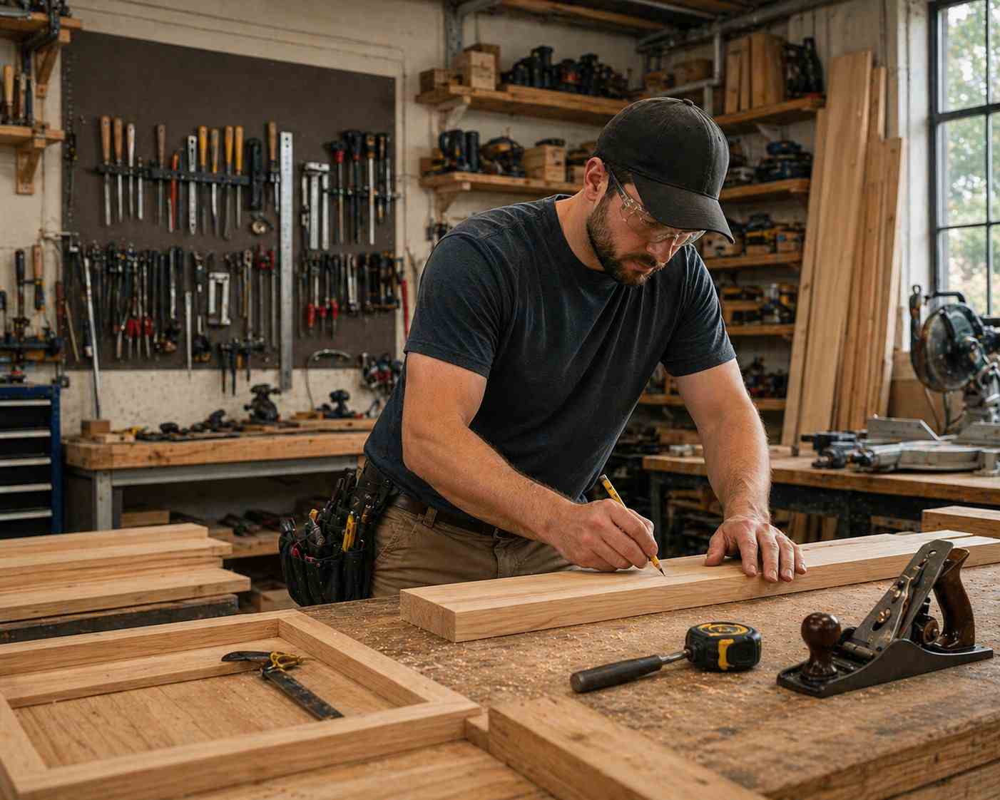 Woodworker measuring and marking timber